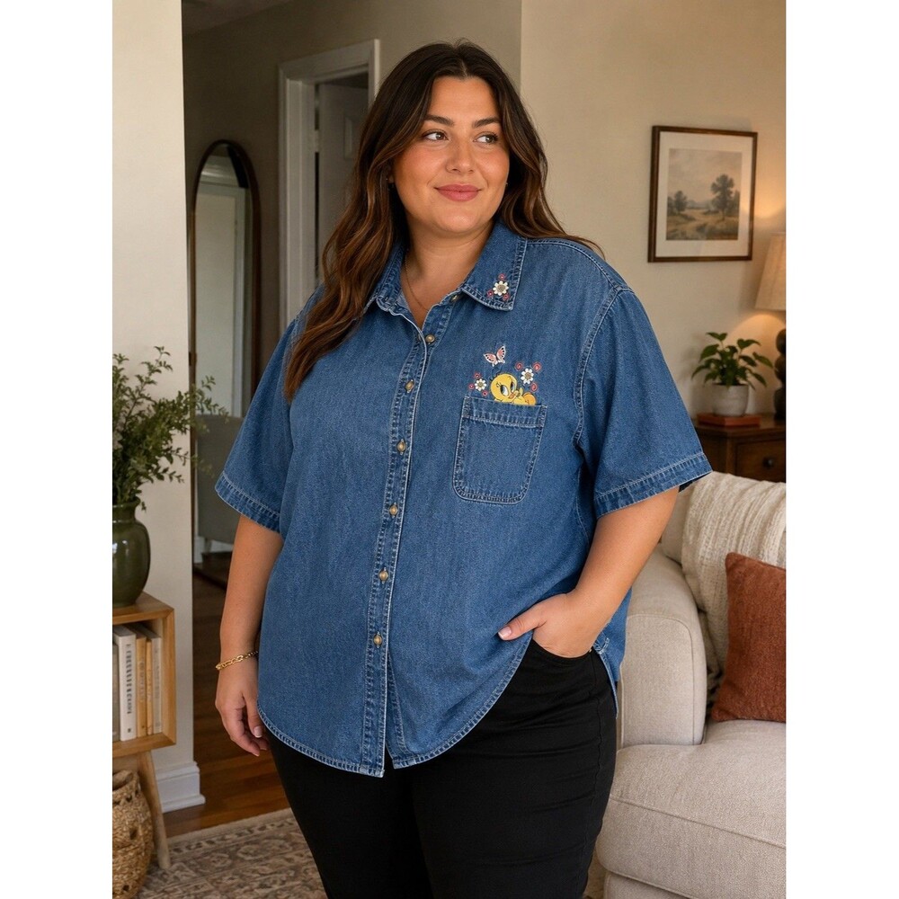 Warner Bro Looney-Tunes 1998 Chambray Embroidered Denim Button Up Shirt 26W/28W